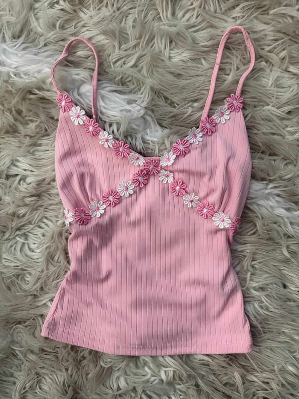 Pink Ribbed Daisy-Trim Spaghetti Strap Cami
